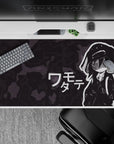 40x20 inches desk pad in deep charcoal camo with crisp white line art and a moody, sleepy anime vibe.