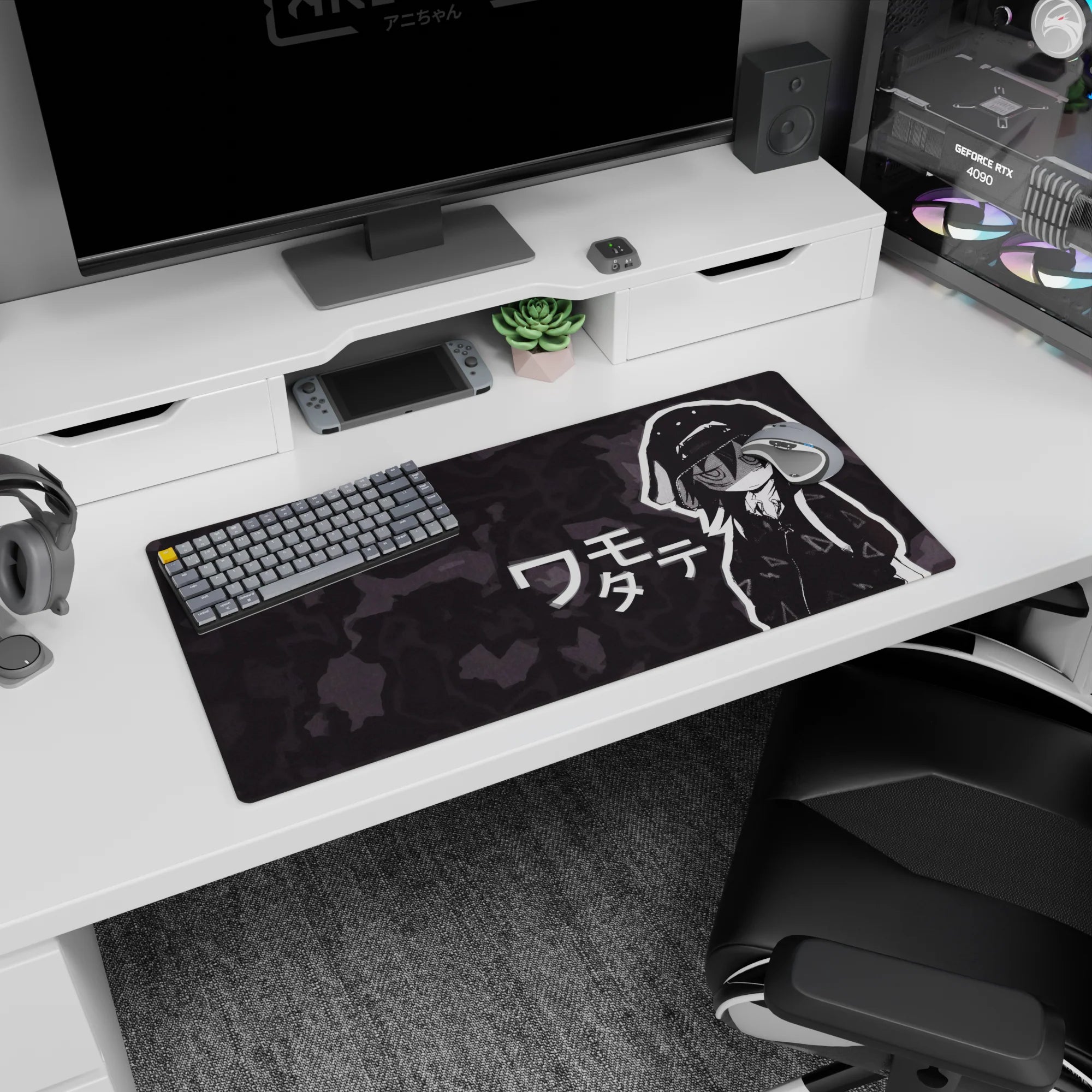 Tomoko Kuroki in an oversized hoodie anime mouse pad 32x16 inches, tiny fangs and tired stare.