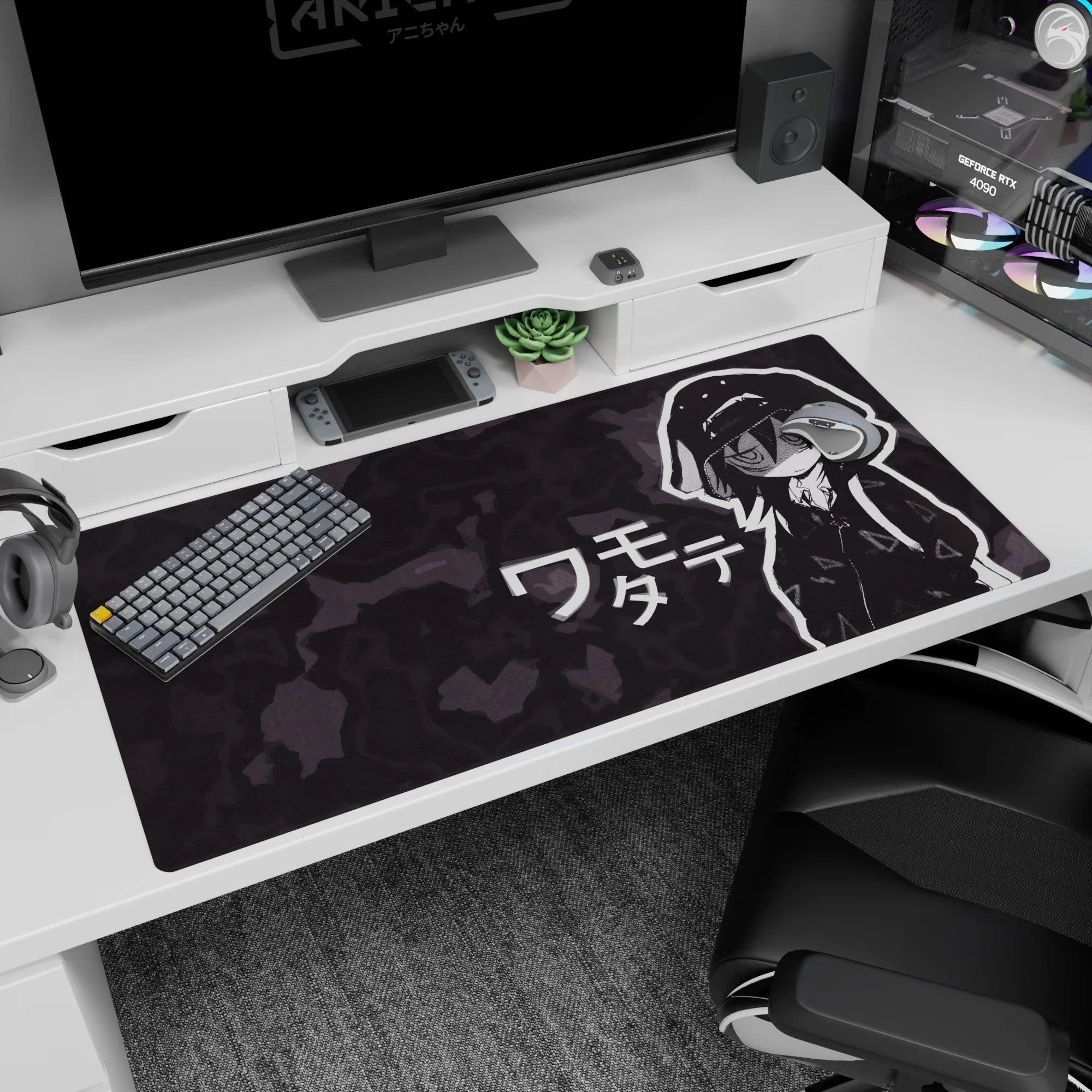 40x20 inches Watamote mouse pad showing Tomoko Kuroki’s deadpan stare, tiny fangs, and oversized hoodie.