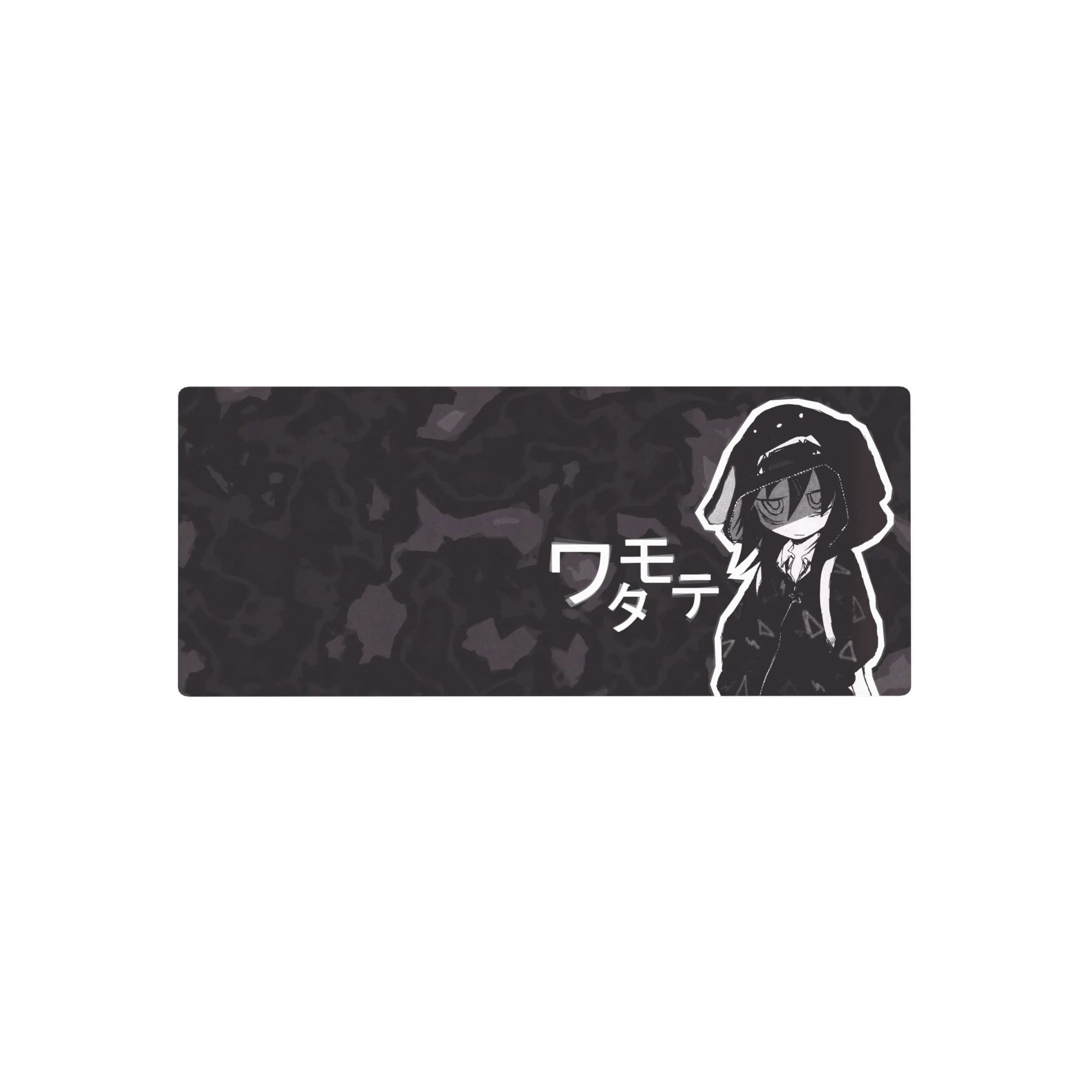 Anime girl mouse pad 28x12 inches with Tomoko Kuroki, bold katakana, crisp white outlines, hoodie art.