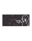 Anime girl mouse pad 28x12 inches with Tomoko Kuroki, bold katakana, crisp white outlines, hoodie art.