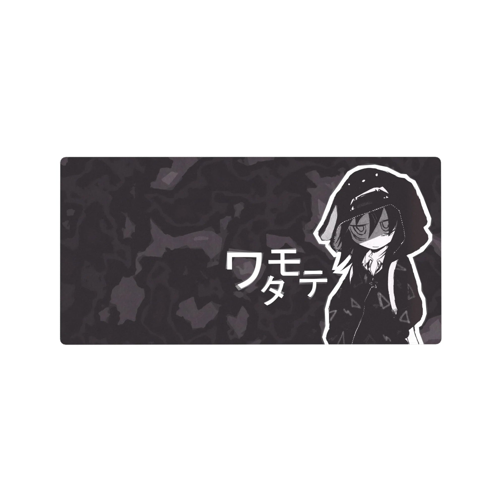 Oversized anime girl mouse pad 32x16 inches with Tomoko Kuroki, bold katakana and crisp white outlines.