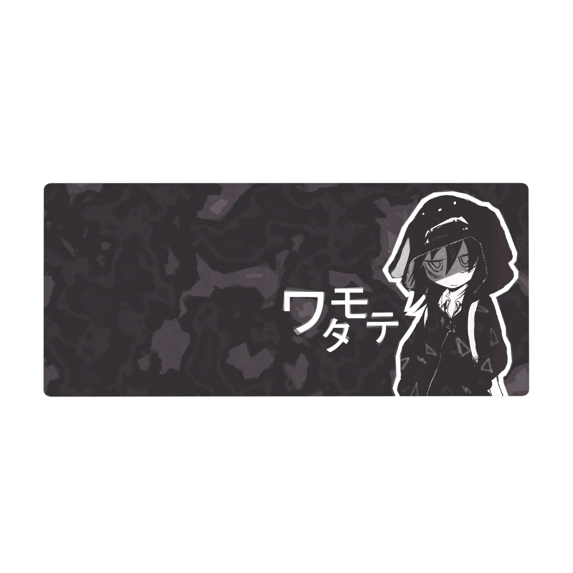 Anime girl desk pad 36x16 inches with hoodie character, katakana text, and charcoal camo background.