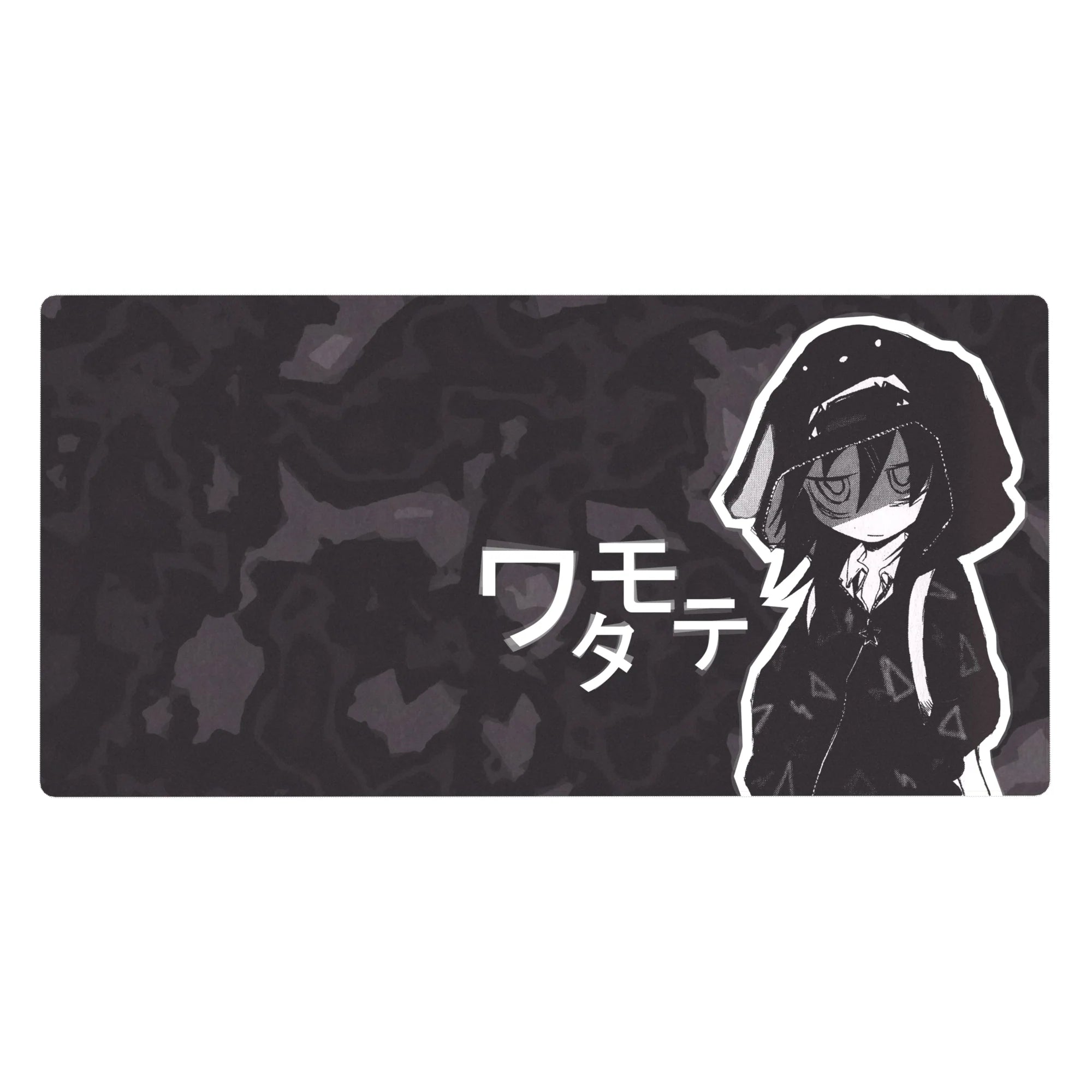 40x20 inches anime girl desk pad with Tomoko Kuroki, bold katakana, hoodie, and charcoal camo background.