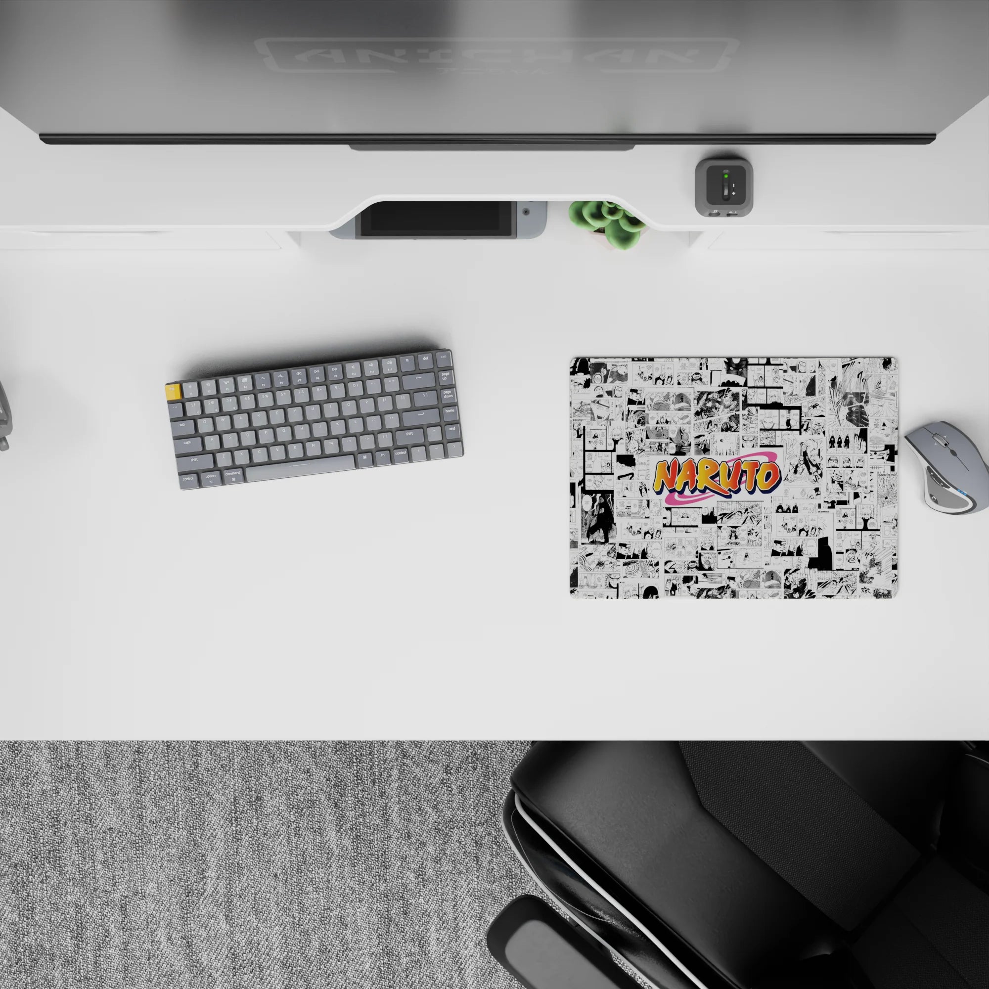 14x10 inches classic anime mouse pad in bold black and white with a pop of orange, nostalgic vibe.