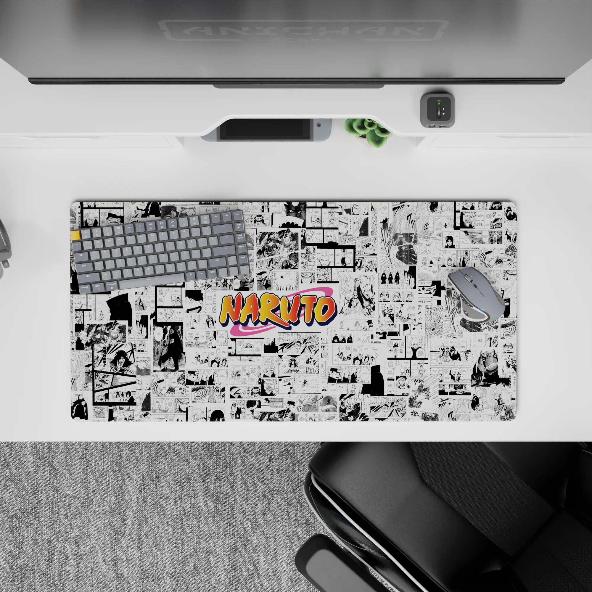 Crisp black-and-white manga panels with a pop of orange, nostalgic shonen mouse pad 32x16 inches.