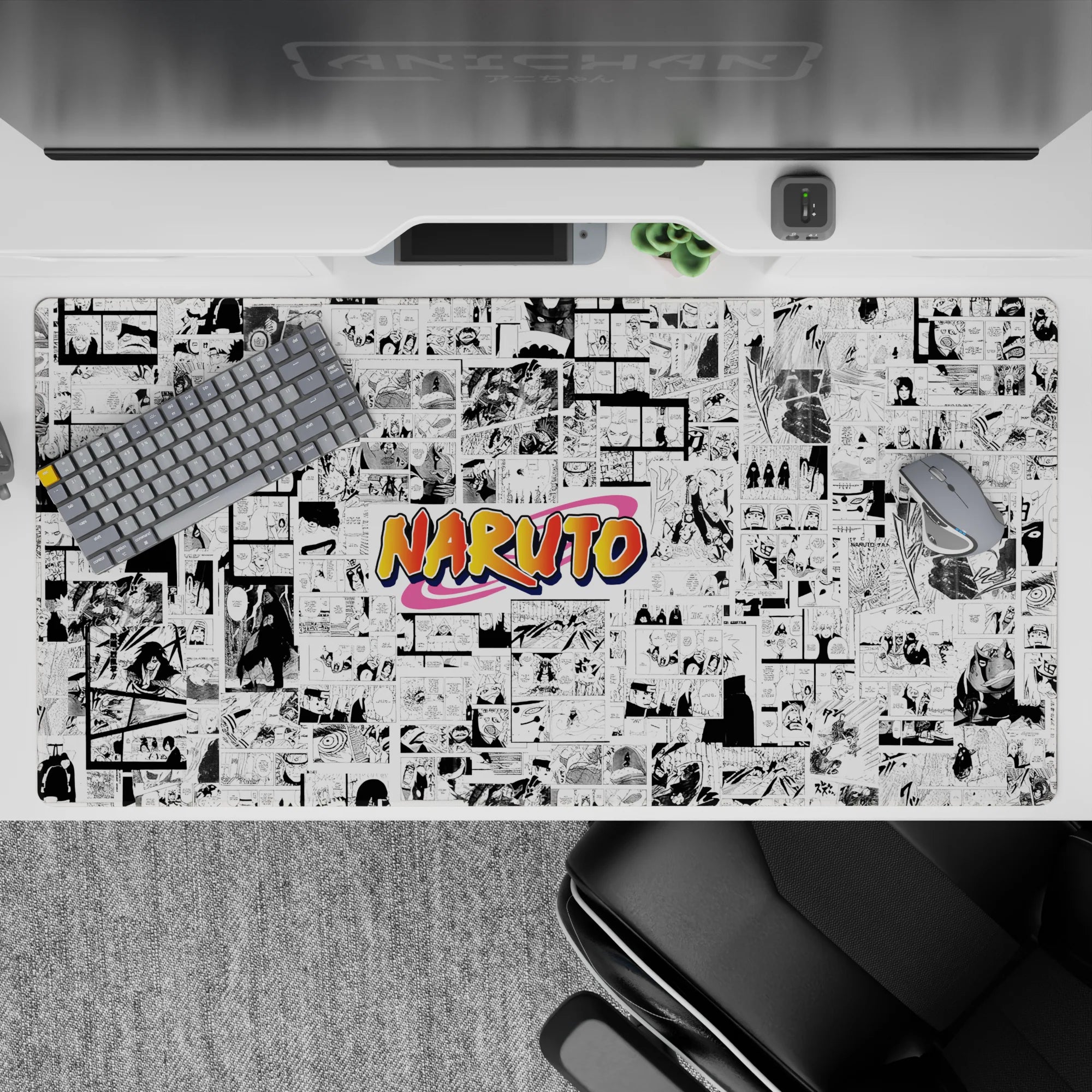 High-contrast black and white manga print with bold orange pop, nostalgic shonen vibe, 40x20 inches.