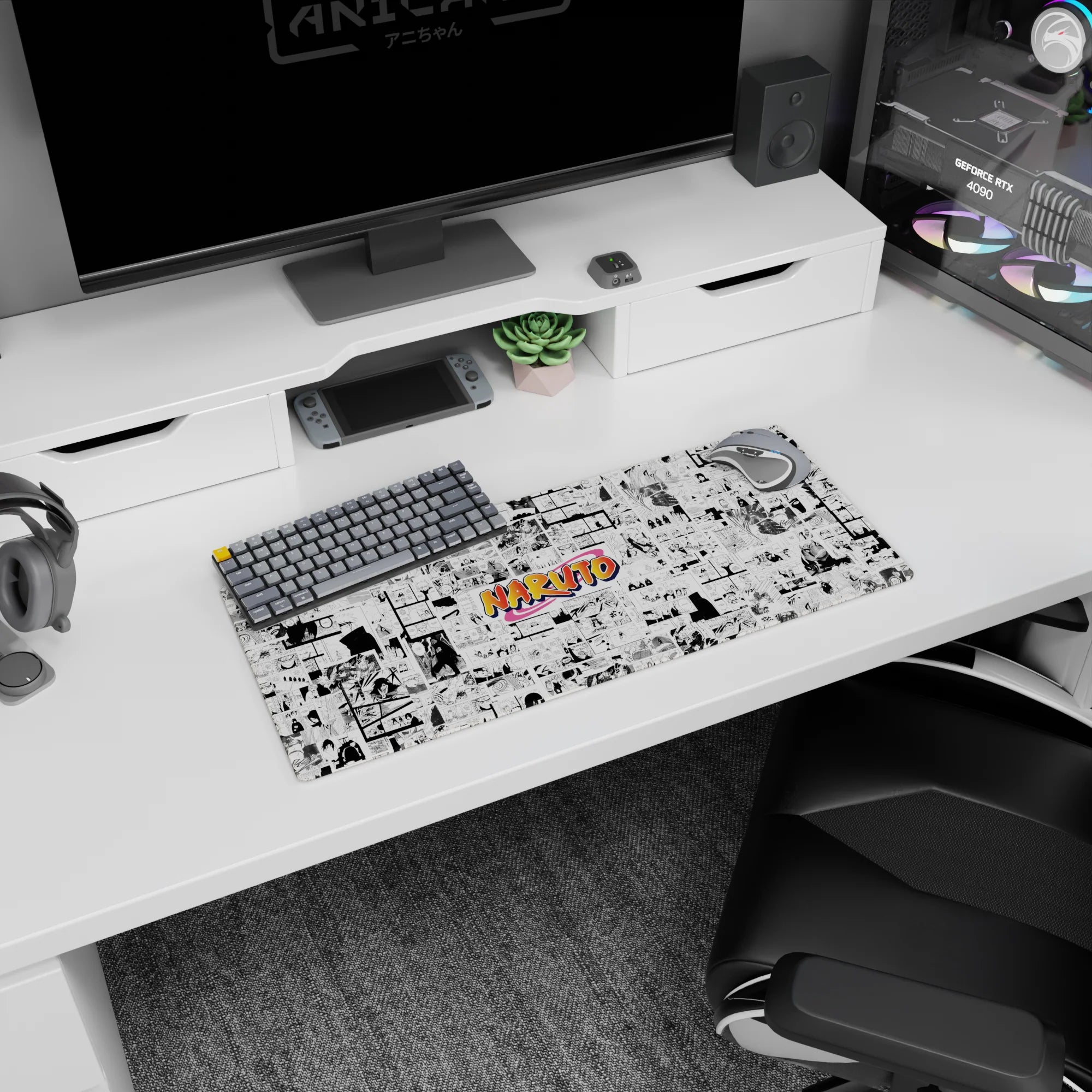 28x12 inches Naruto mouse pad featuring Naruto, Sasuke, Sakura, and Kakashi across manga panels.