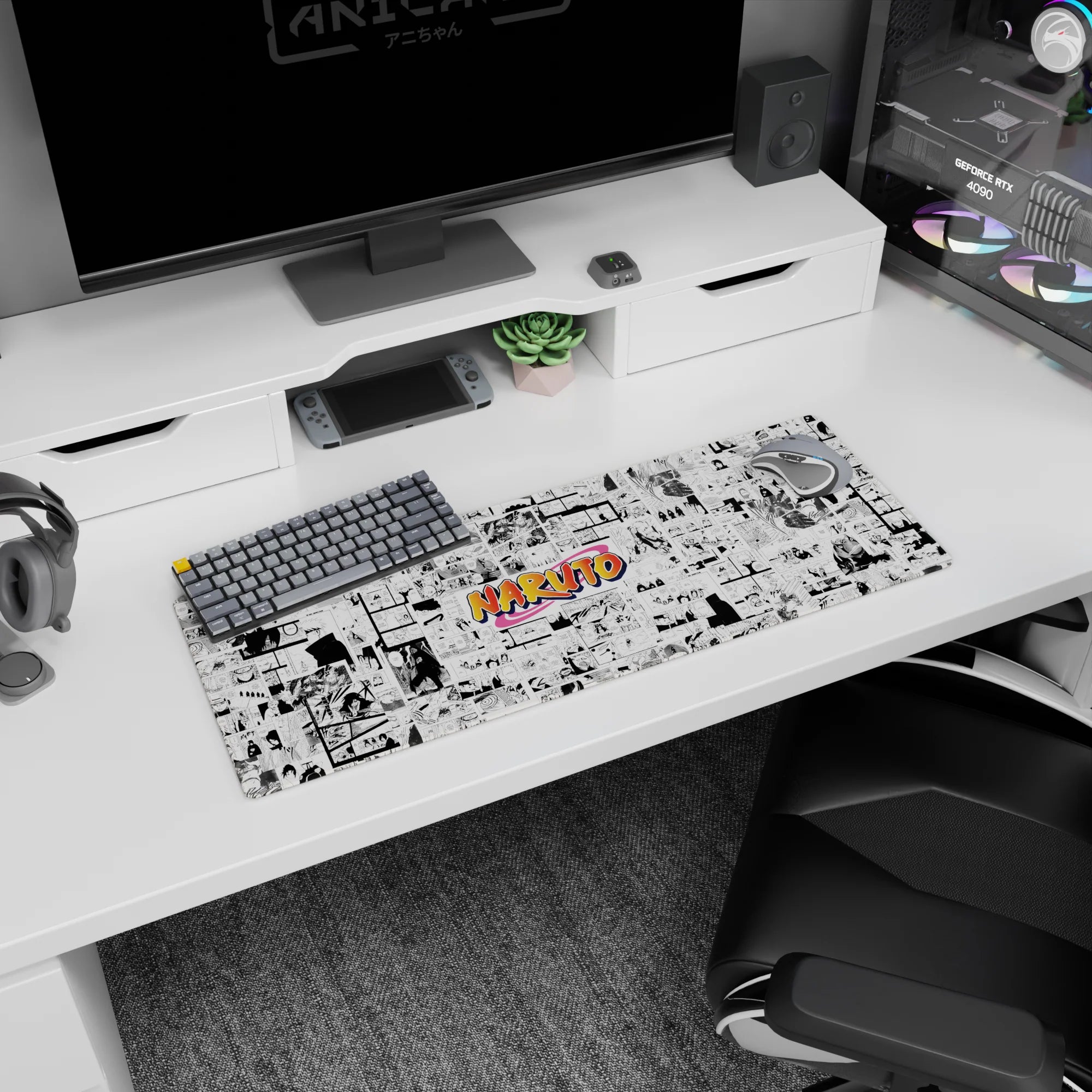 Naruto Uzumaki and friends hidden in chaotic manga panels with orange Naruto logo, mouse pad 32x12 inches.
