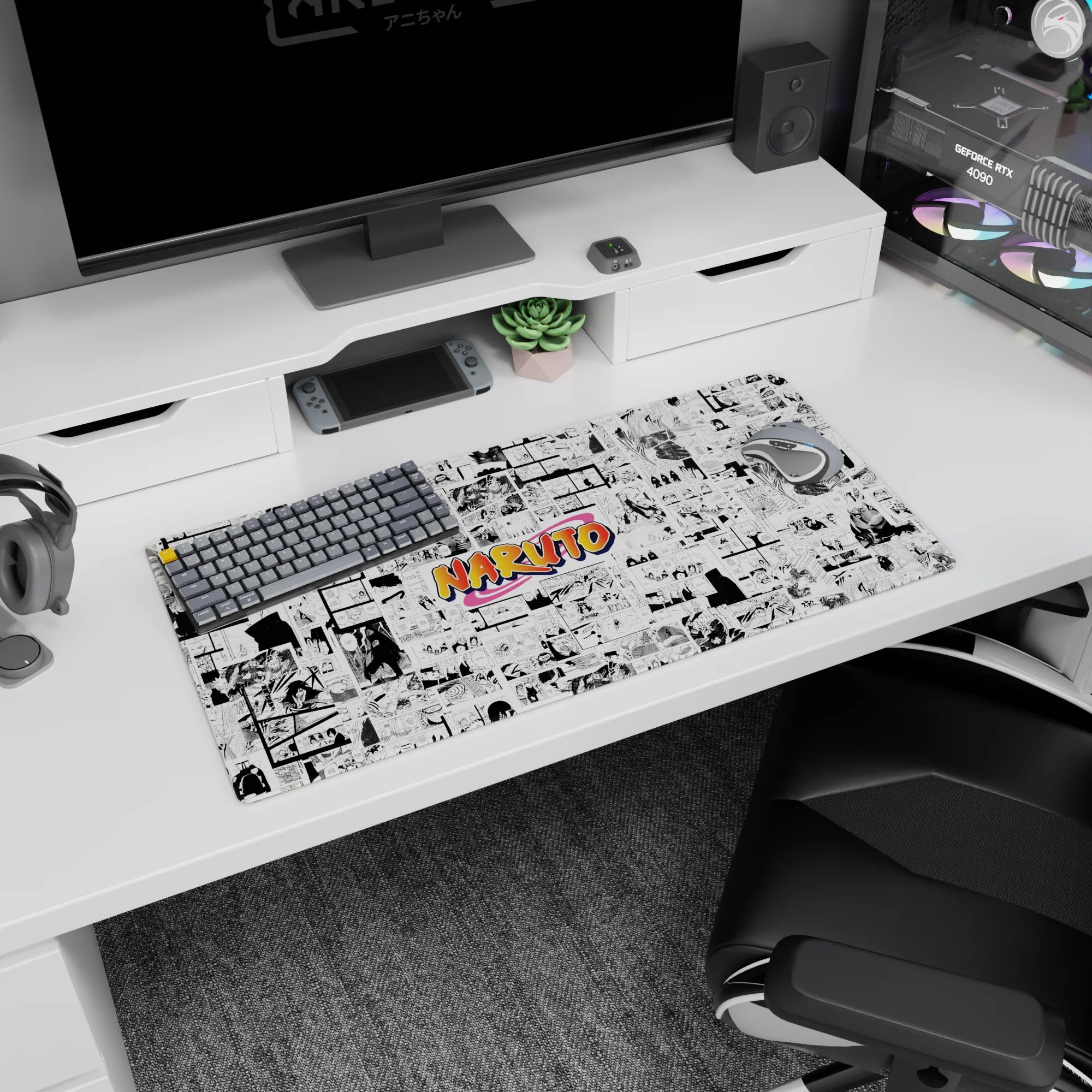 Naruto Uzumaki and team hidden in manga chaos with orange Naruto logo, mouse pad 32x16 inches.