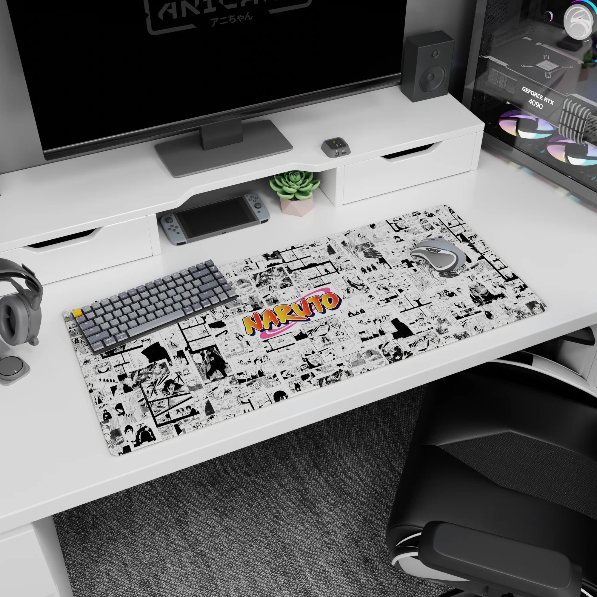 36x16 inches Naruto desk pad featuring Naruto, Sasuke, Sakura, and Kakashi hidden in manga panels.