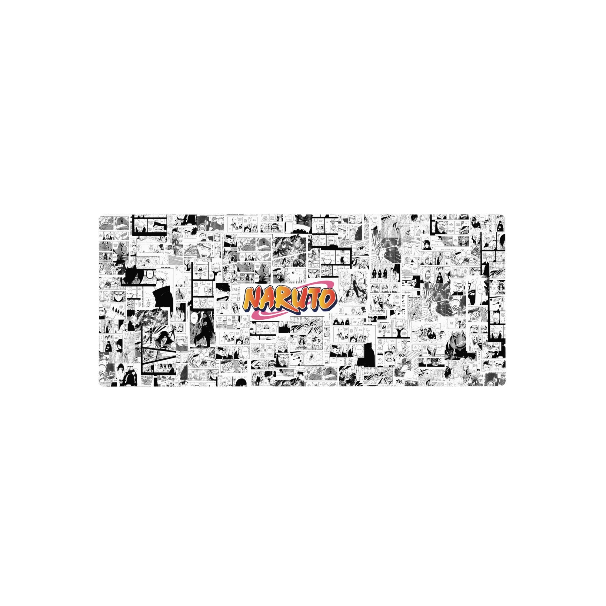 Naruto manga collage desk mouse pad, 28x12 inches, black-and-white panels with orange logo.