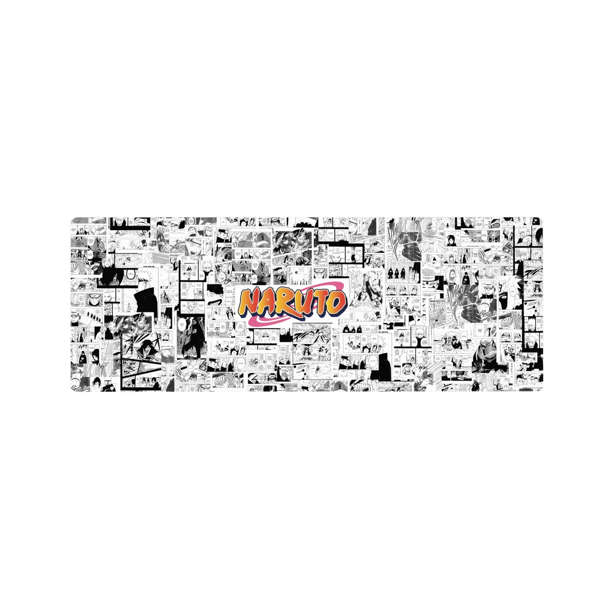 Naruto manga collage desk mouse pad, black-and-white panels with bold orange logo, 32x12 inches.