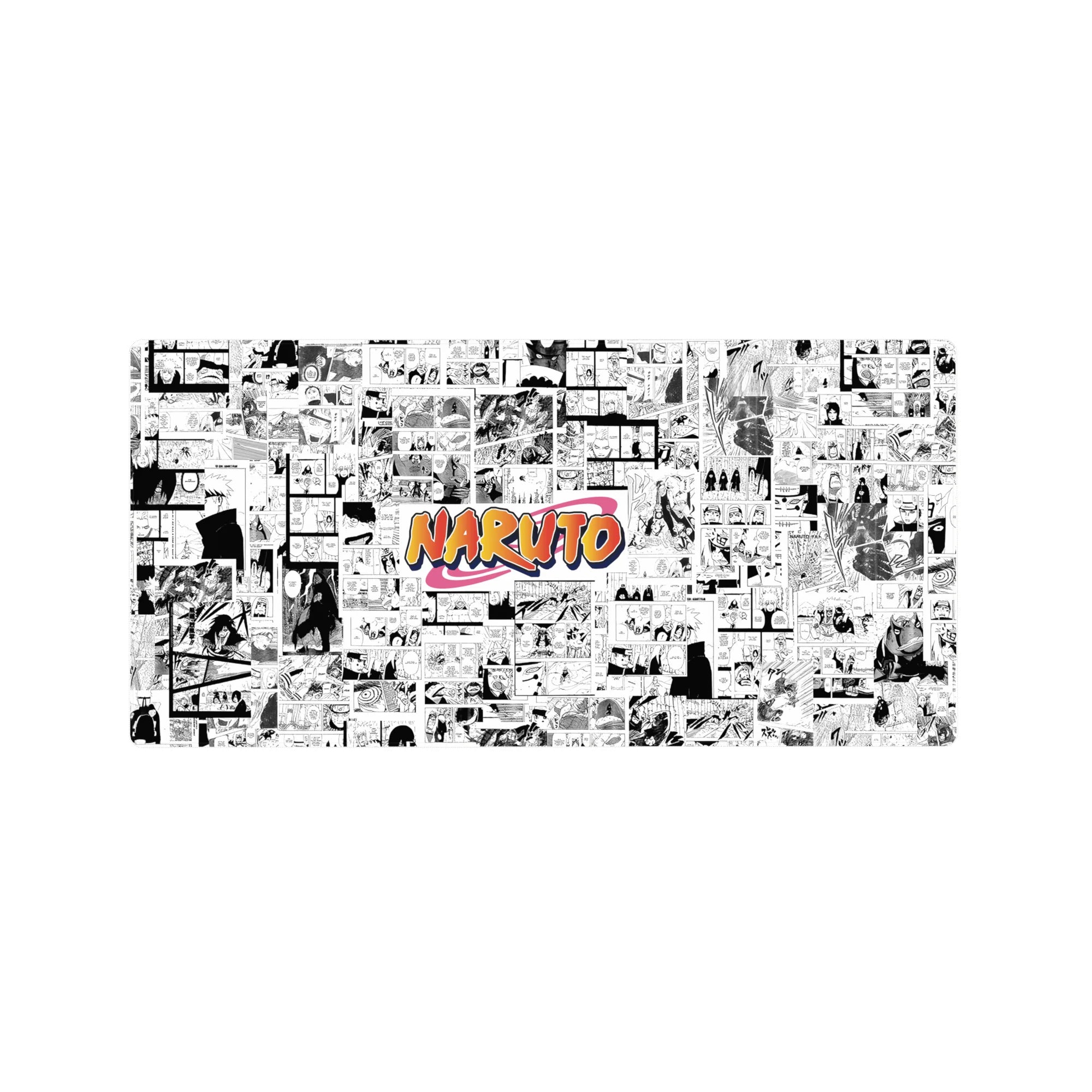 Naruto manga-collage desk mat with bold orange logo, anime mouse pad 32x16 inches.