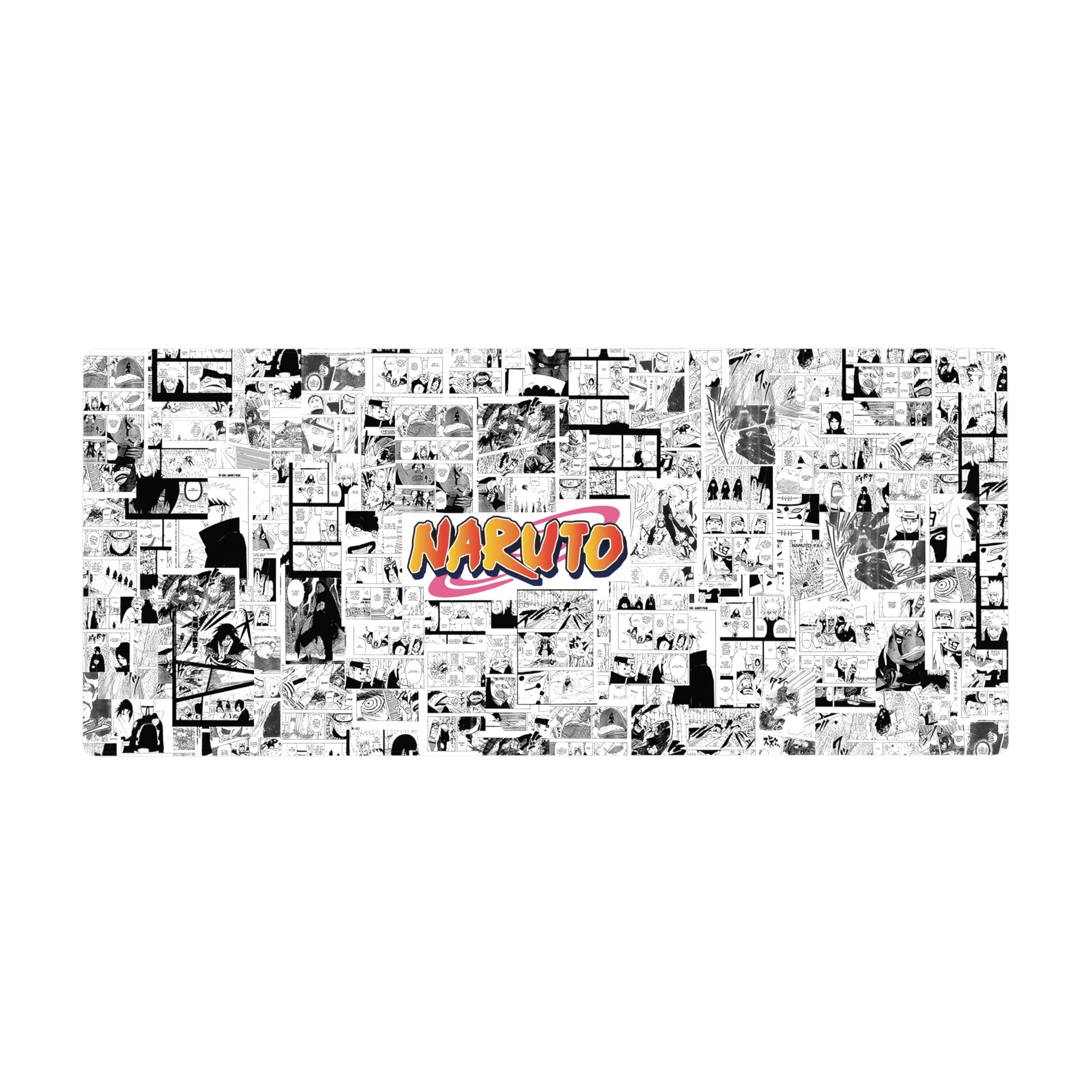 36x16 inches Naruto manga collage desk pad with black-and-white panels and bold orange logo wrap.
