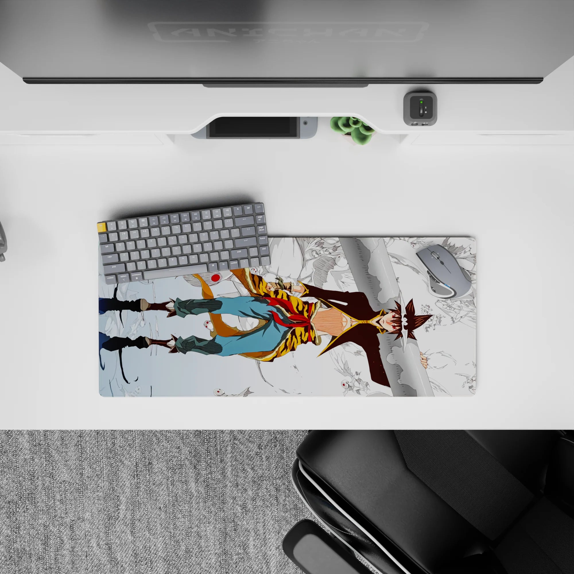 Anime mouse pad 28x12 inches in pale icy blues with bold scarf-red accents, crisp linework, high-altitude energy.