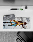 Anime mouse pad 28x12 inches in pale icy blues with bold scarf-red accents, crisp linework, high-altitude energy.