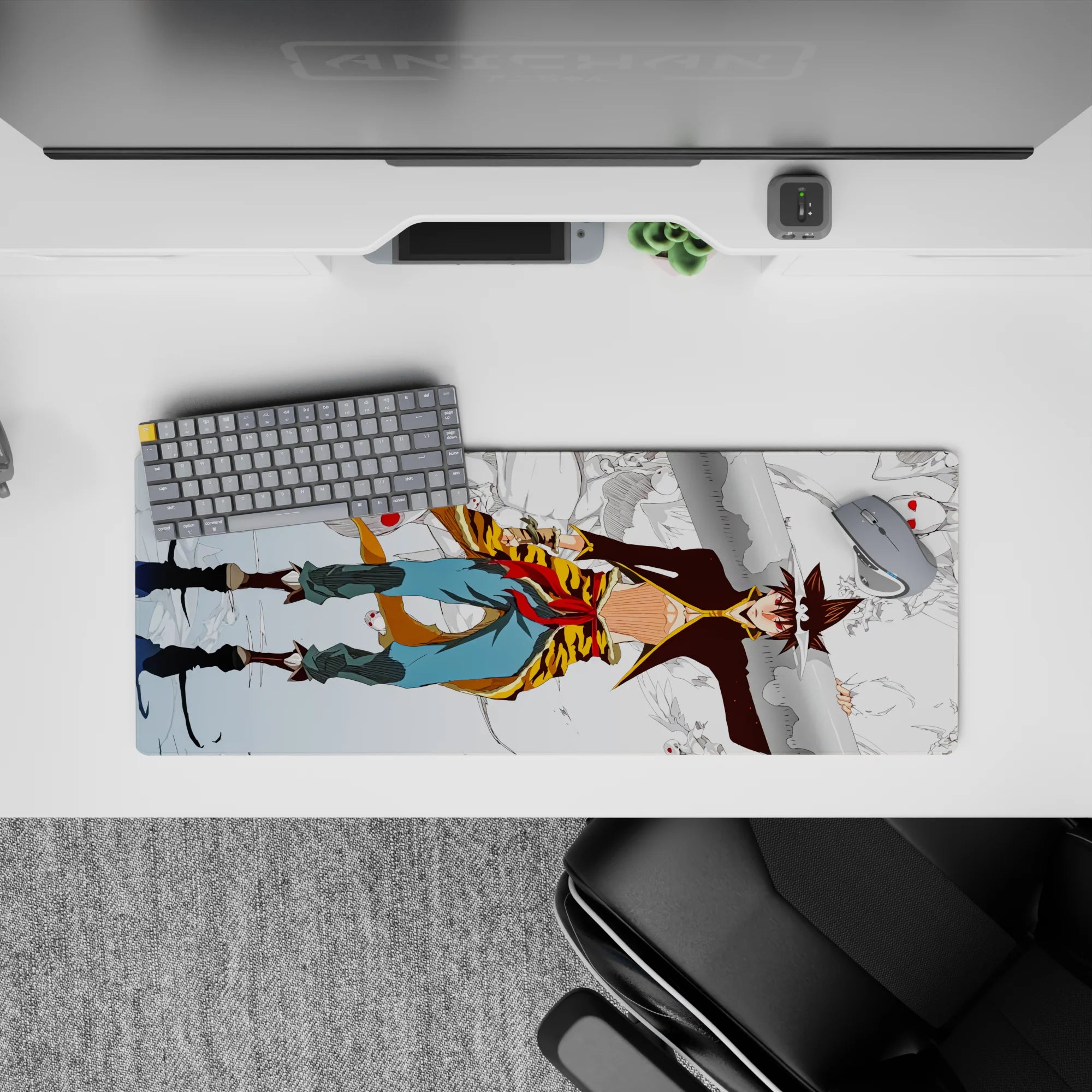 32x12 inches anime mouse pad in pale blues with crisp linework, bold scarf red accents, airy winter chaos.