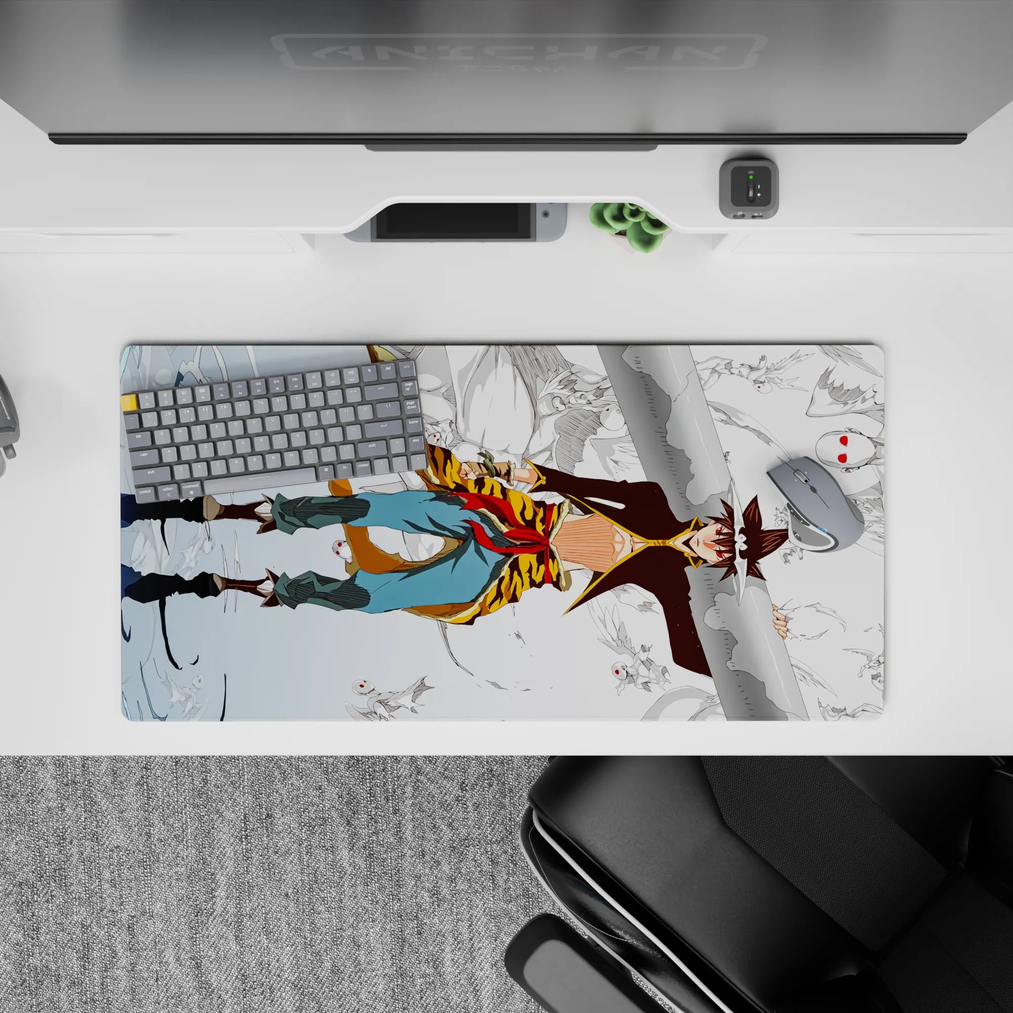 32x16 inches anime mouse pad in pale blues with gold-brown tiger coat and bold scarf-red accents, airy rush.