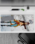 32x16 inches anime mouse pad in pale blues with gold-brown tiger coat and bold scarf-red accents, airy rush.