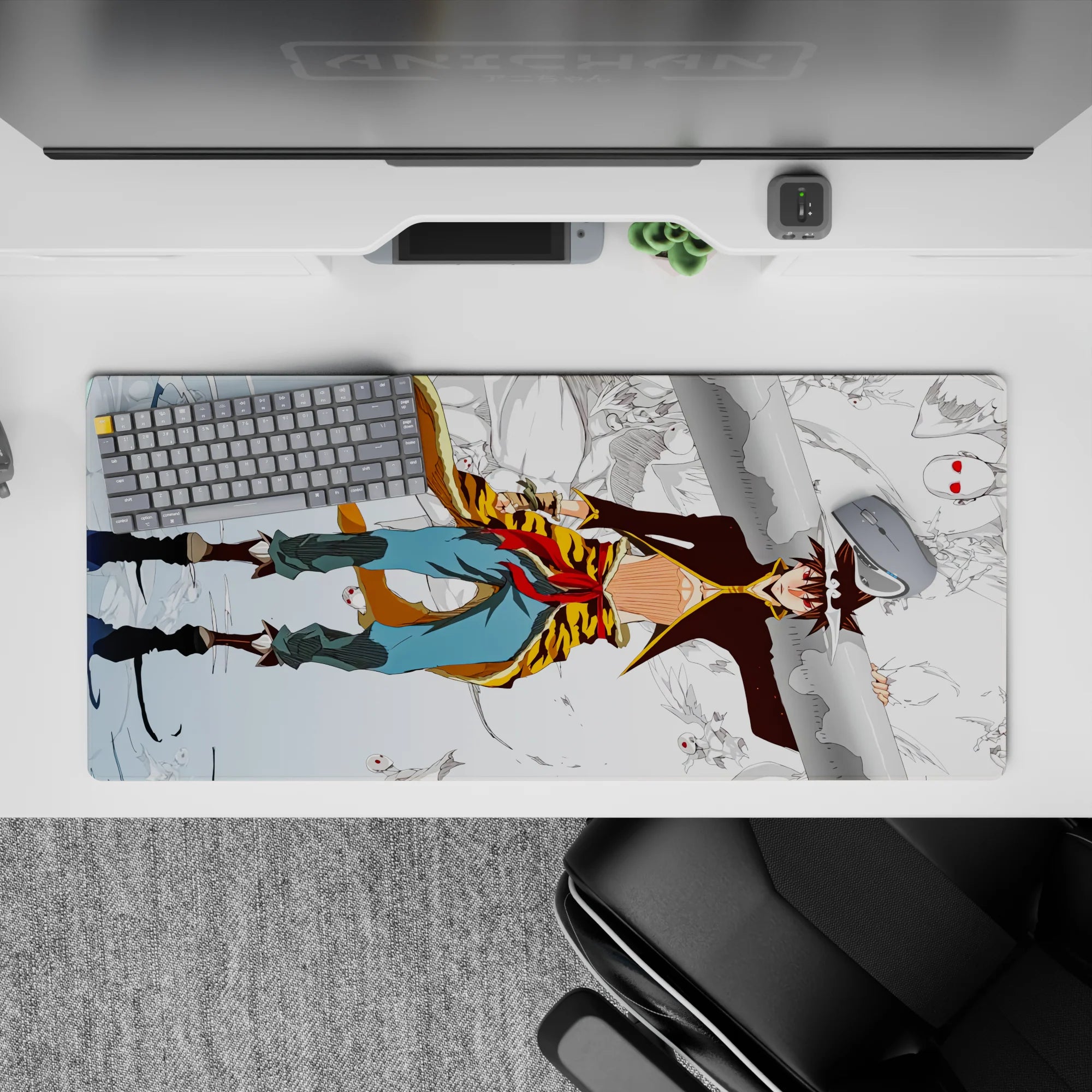 Anime desk pad 36x16 inches in pale winter blues, gold-brown stripes, and bold scarf-red accents.