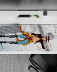 Anime desk pad 36x16 inches in pale winter blues, gold-brown stripes, and bold scarf-red accents.