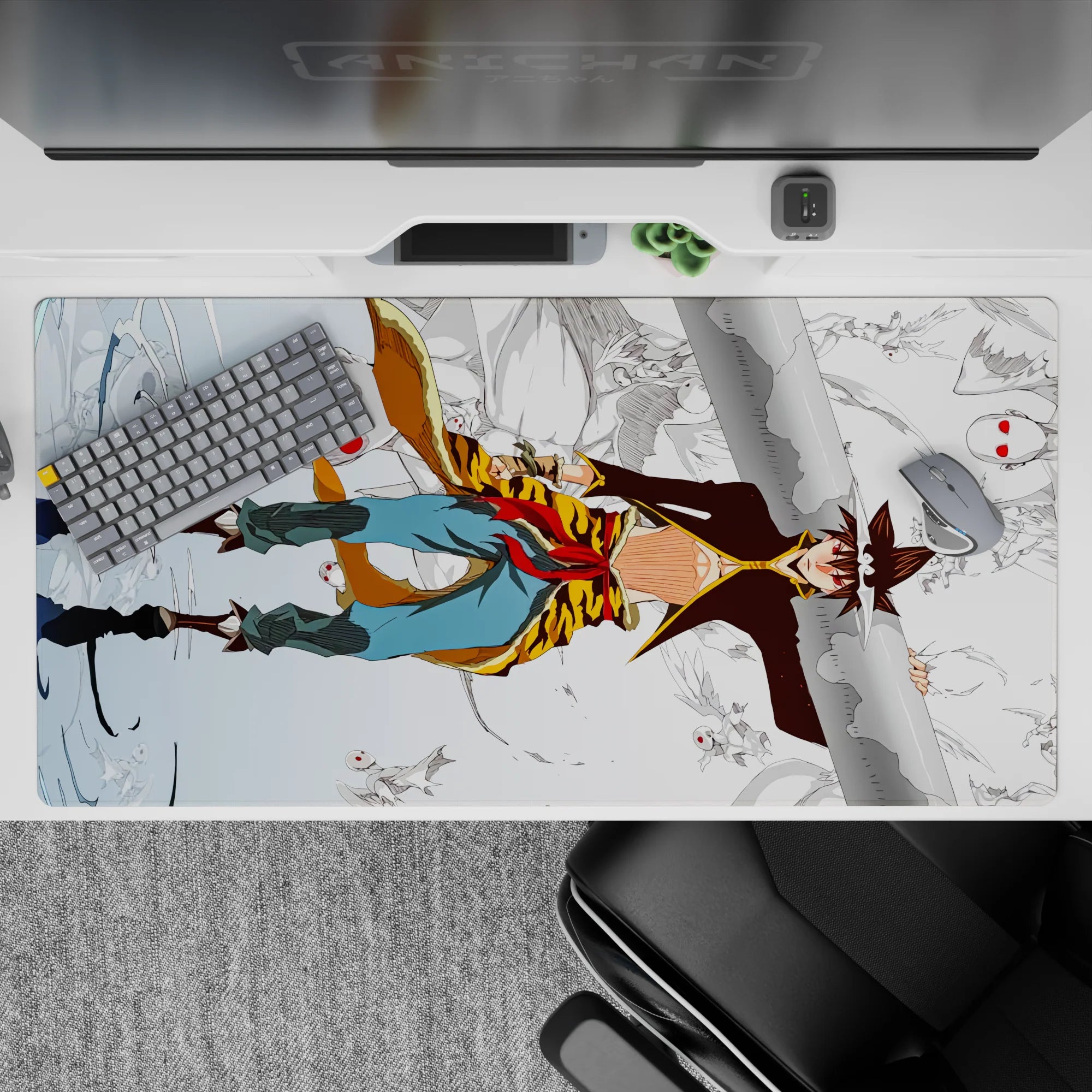 40x20 inches anime desk pad in pale winter blues with bold scarf-red accents, airy crisp linework, chaotic vibe.