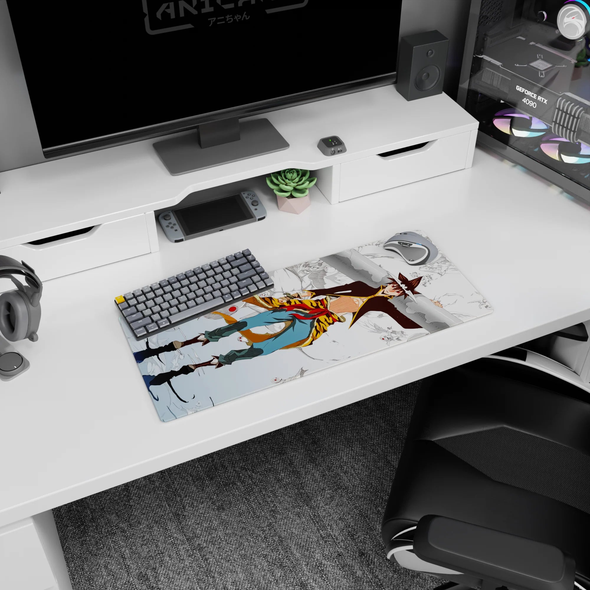Anime mouse pad 28x12 inches showing white-haired runner with headband and calm stare, chased by red-eyed masks.