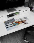 Anime mouse pad 28x12 inches showing white-haired runner with headband and calm stare, chased by red-eyed masks.