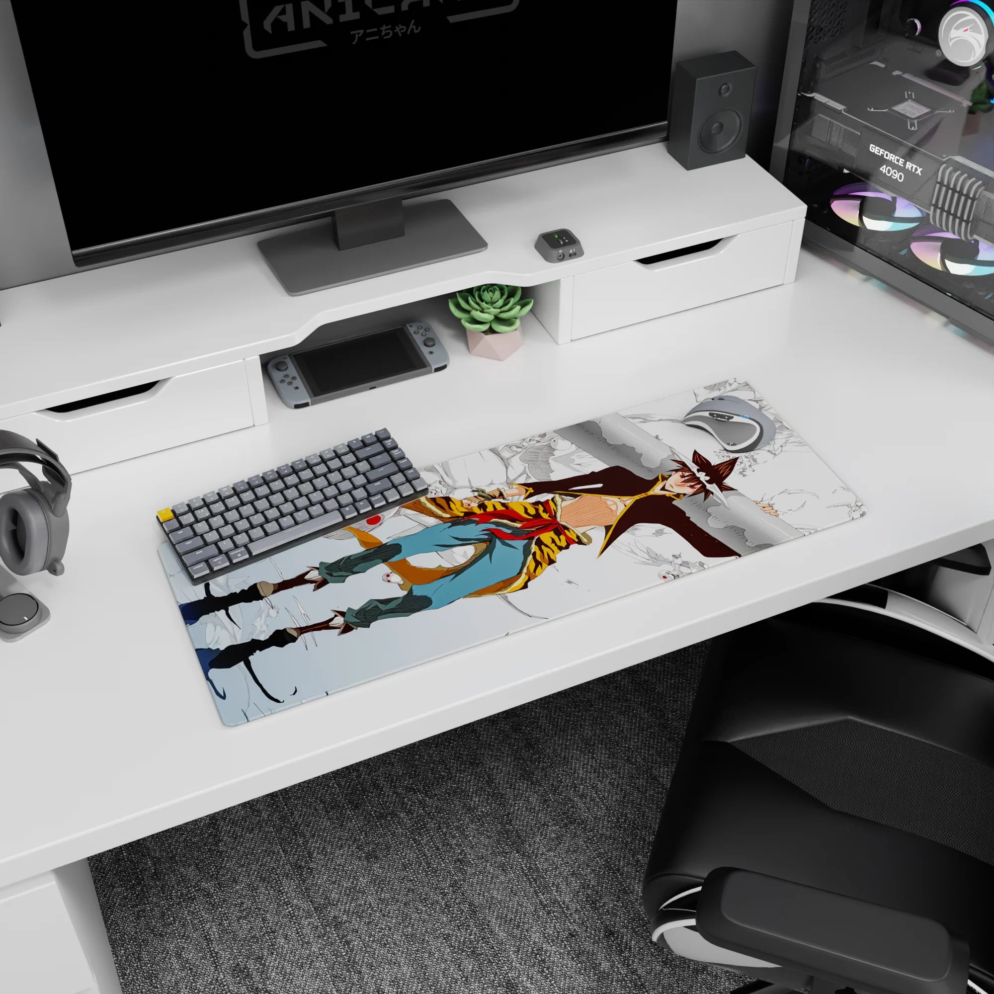 32x12 inches anime mouse pad featuring white-haired runner with headband, calm stare, chased by red-eyed masks.