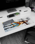 32x12 inches anime mouse pad featuring white-haired runner with headband, calm stare, chased by red-eyed masks.