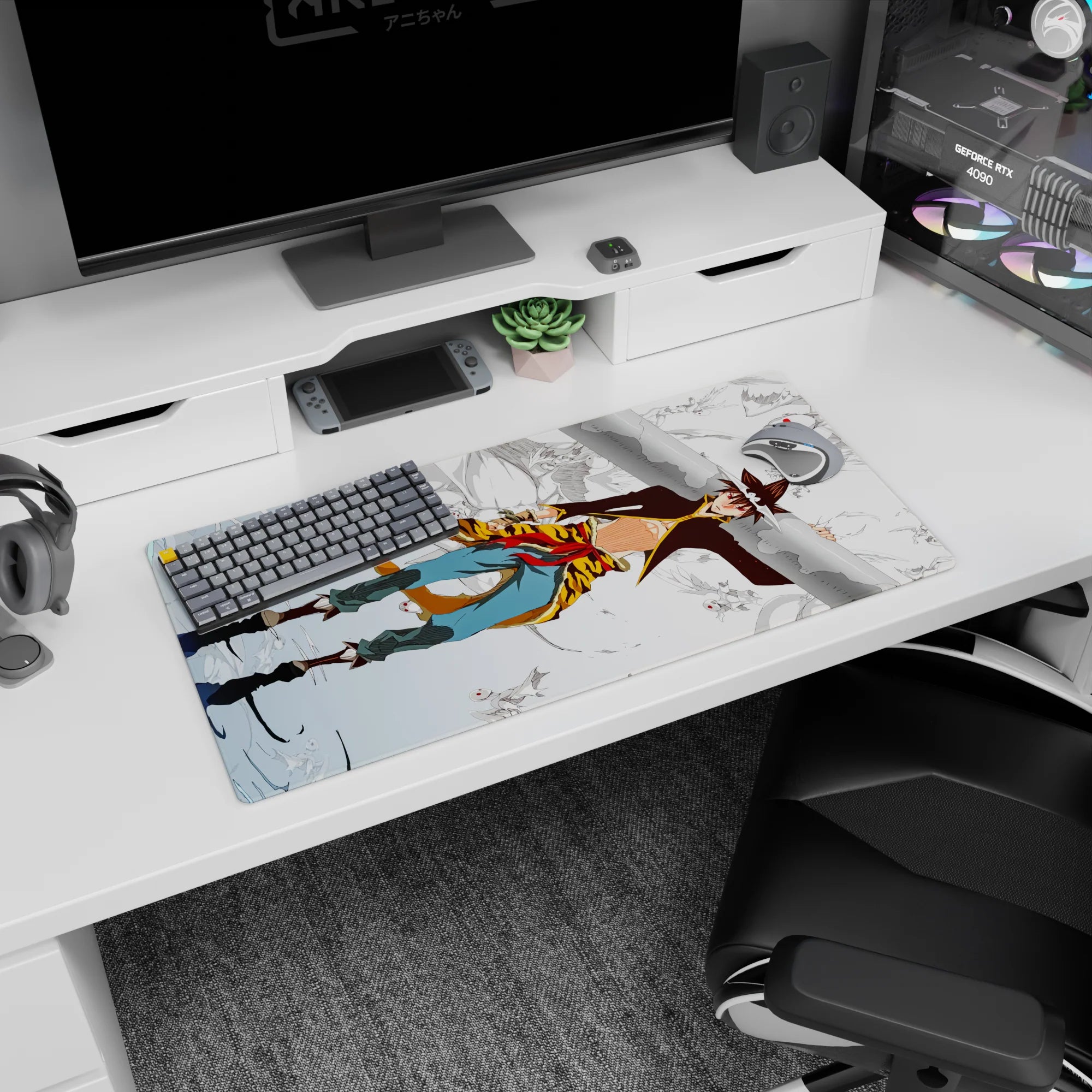 32x16 inches anime mouse pad featuring white-haired runner with headband, leaping cliffs as mask creatures whirl.