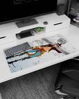 32x16 inches anime mouse pad featuring white-haired runner with headband, leaping cliffs as mask creatures whirl.