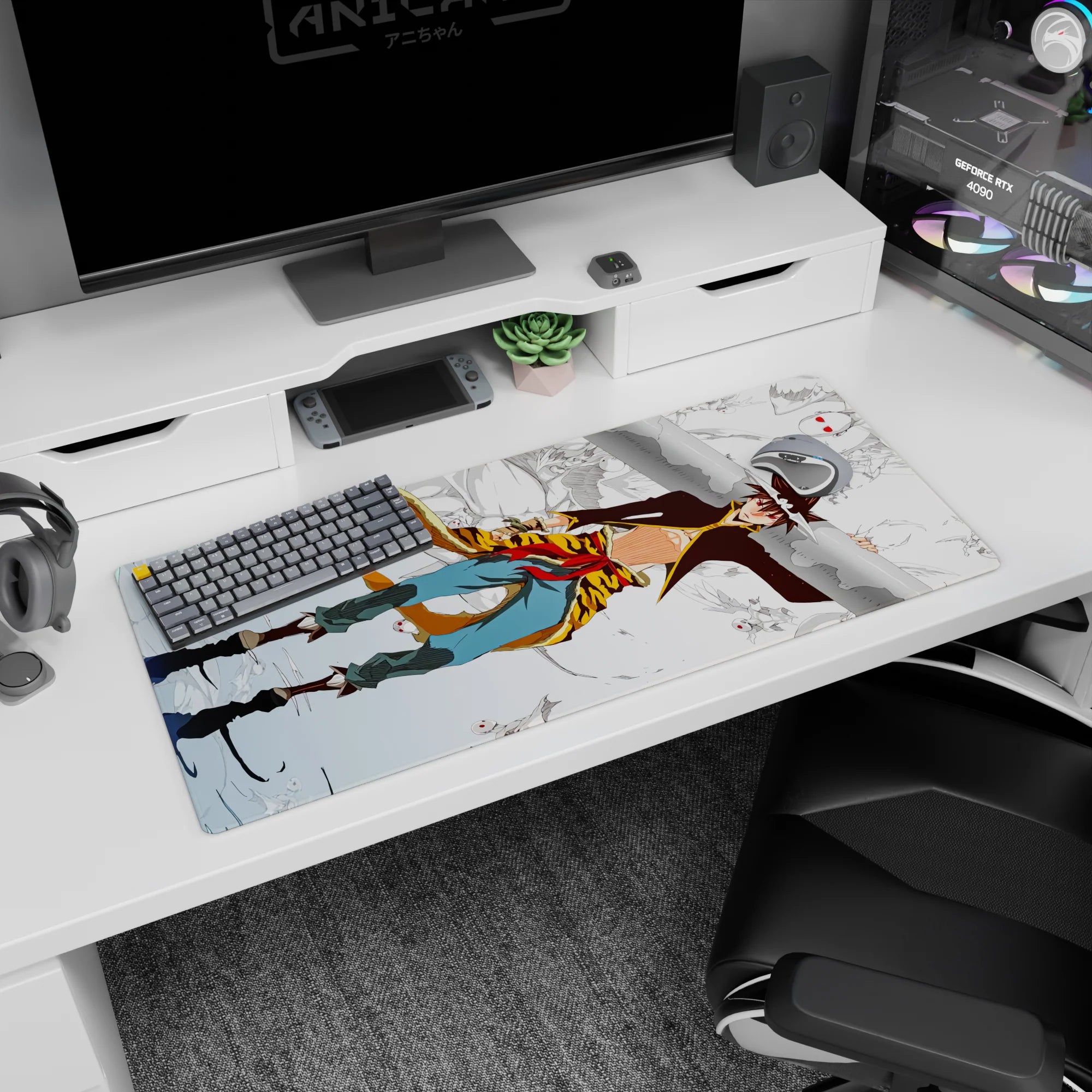 Anime desk pad 36x16 inches featuring white-haired runner with headband and calm stare on icy peaks.
