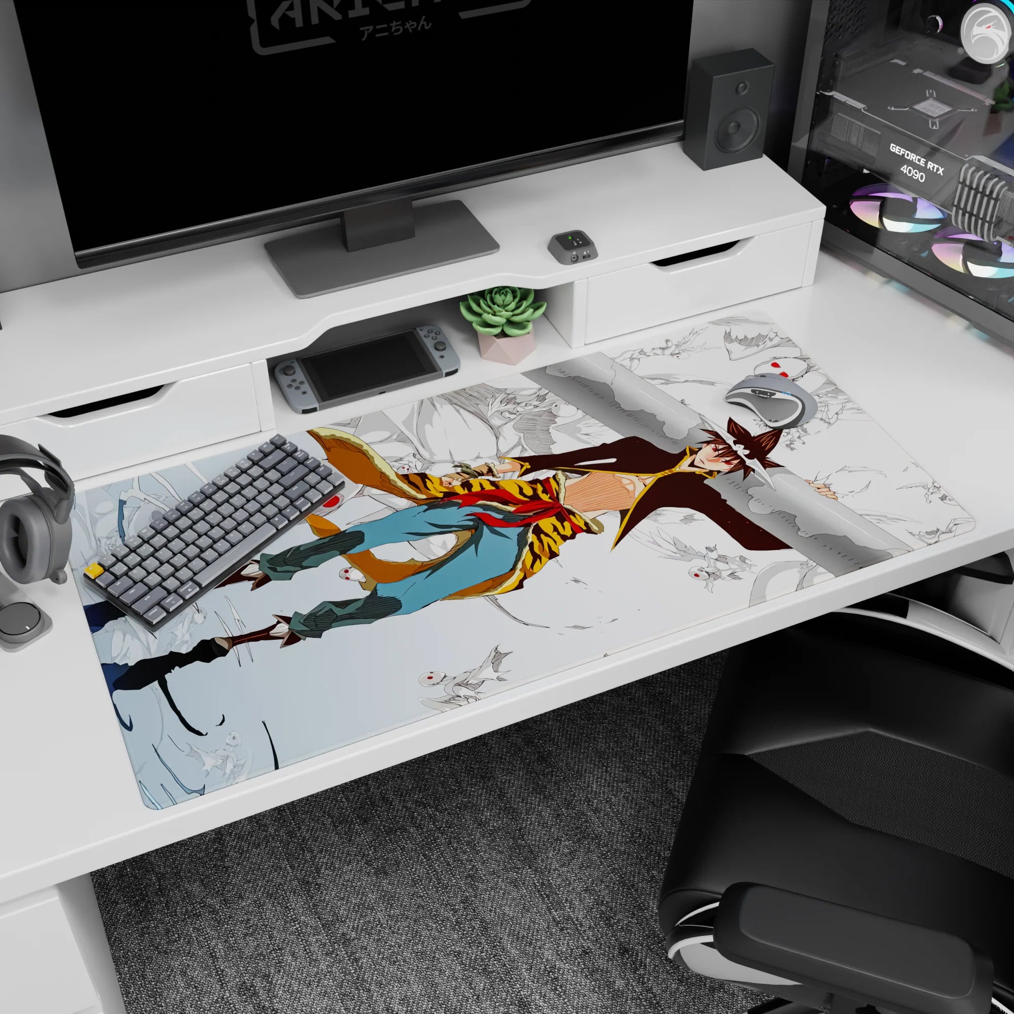 40x20 inches anime desk pad featuring white-haired runner with headband sprinting cliffs as red-eyed masks swirl.