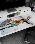 40x20 inches anime desk pad featuring white-haired runner with headband sprinting cliffs as red-eyed masks swirl.