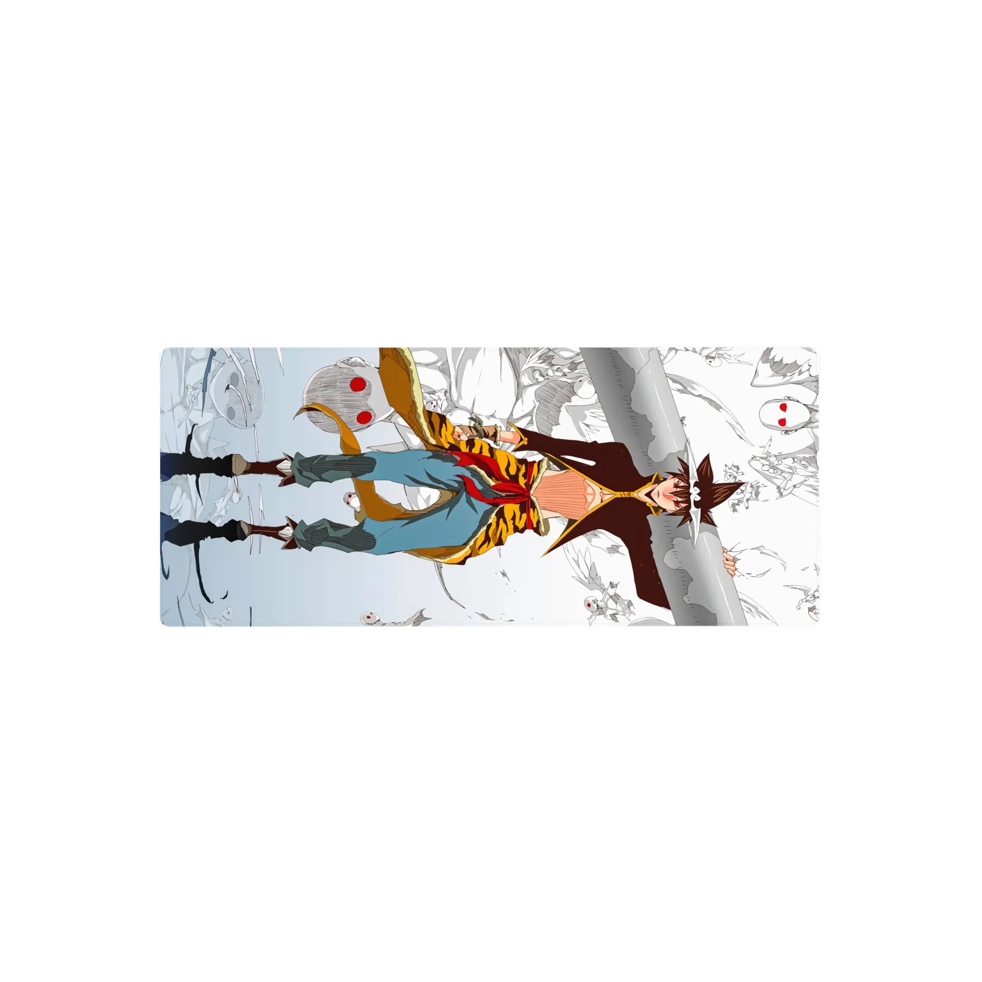Anime mouse pad 28x12 inches with sky-runner on snowy cliffs, tiger-gold coat, swirling mask spirits.