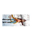 Anime mouse pad 28x12 inches with sky-runner on snowy cliffs, tiger-gold coat, swirling mask spirits.
