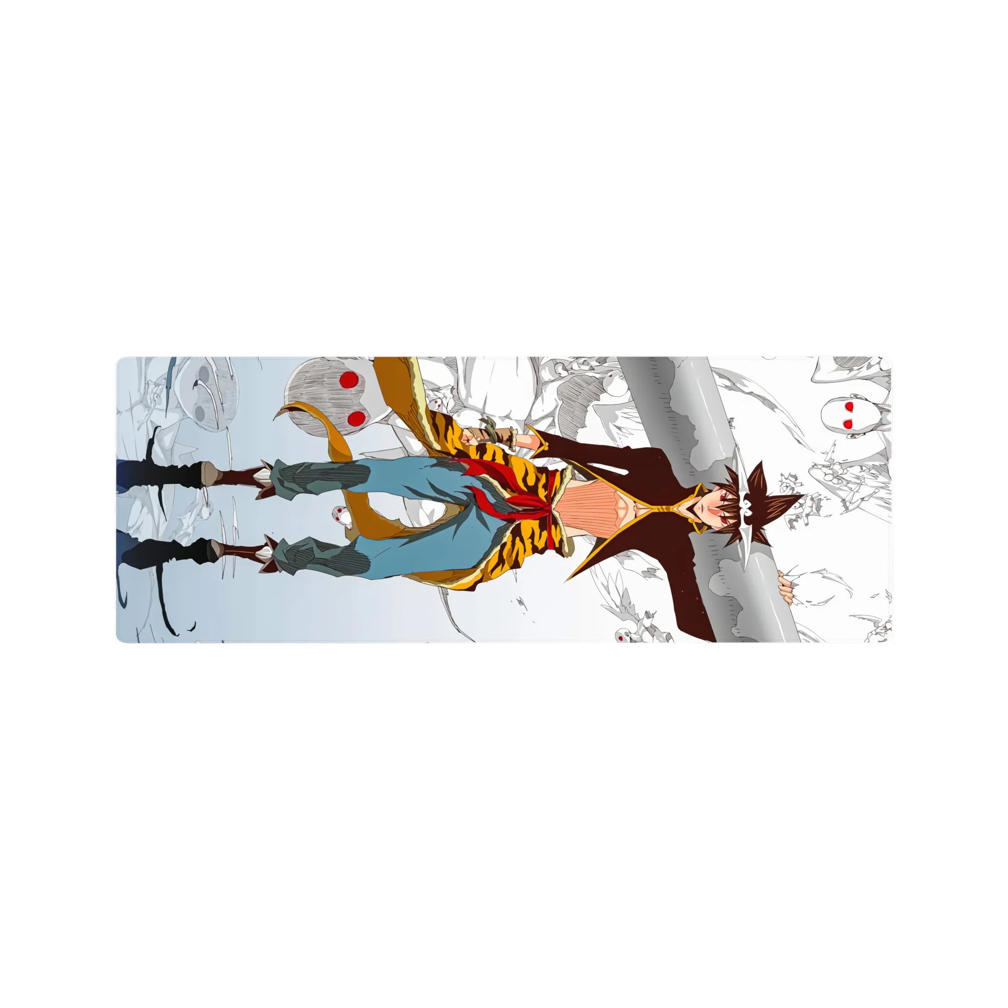 32x12 inches anime mouse pad with sky-runner on snowy cliffs, tiger-gold coat, mask spirits, red scarf.