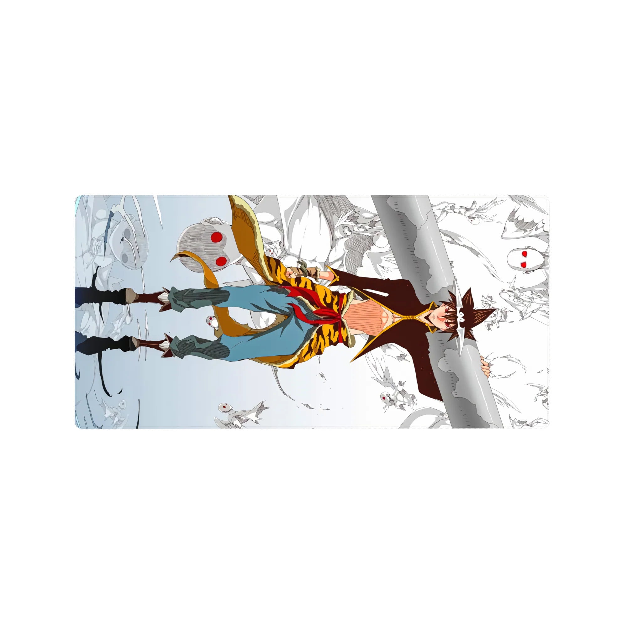 32x16 inches anime mouse pad with sky-runner on snowy cliffs, swirling red-eyed mask spirits, crisp linework.