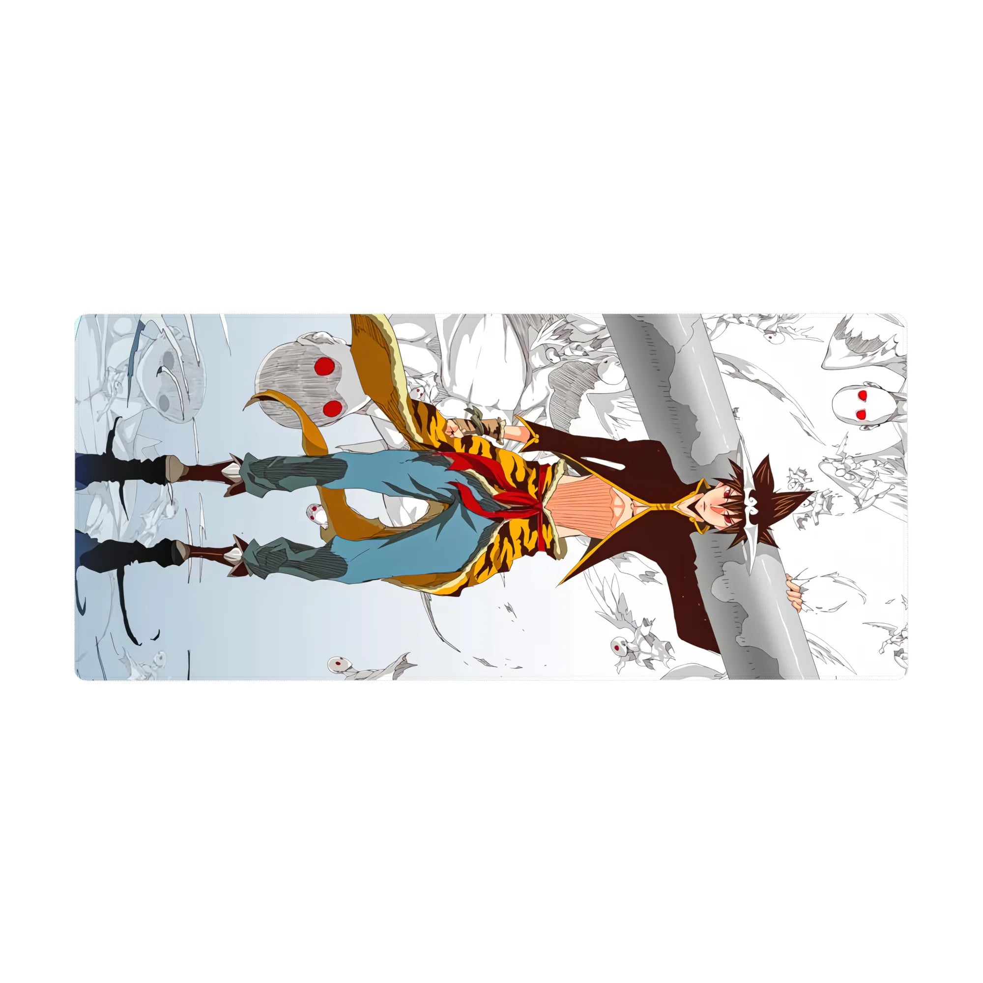 Anime desk pad 36x16 inches with sky-runner on snowy cliffs, tiger-stripe coat and swirling mask spirits.