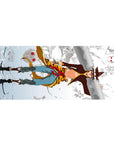 Anime desk pad 36x16 inches with sky-runner on snowy cliffs, tiger-stripe coat and swirling mask spirits.