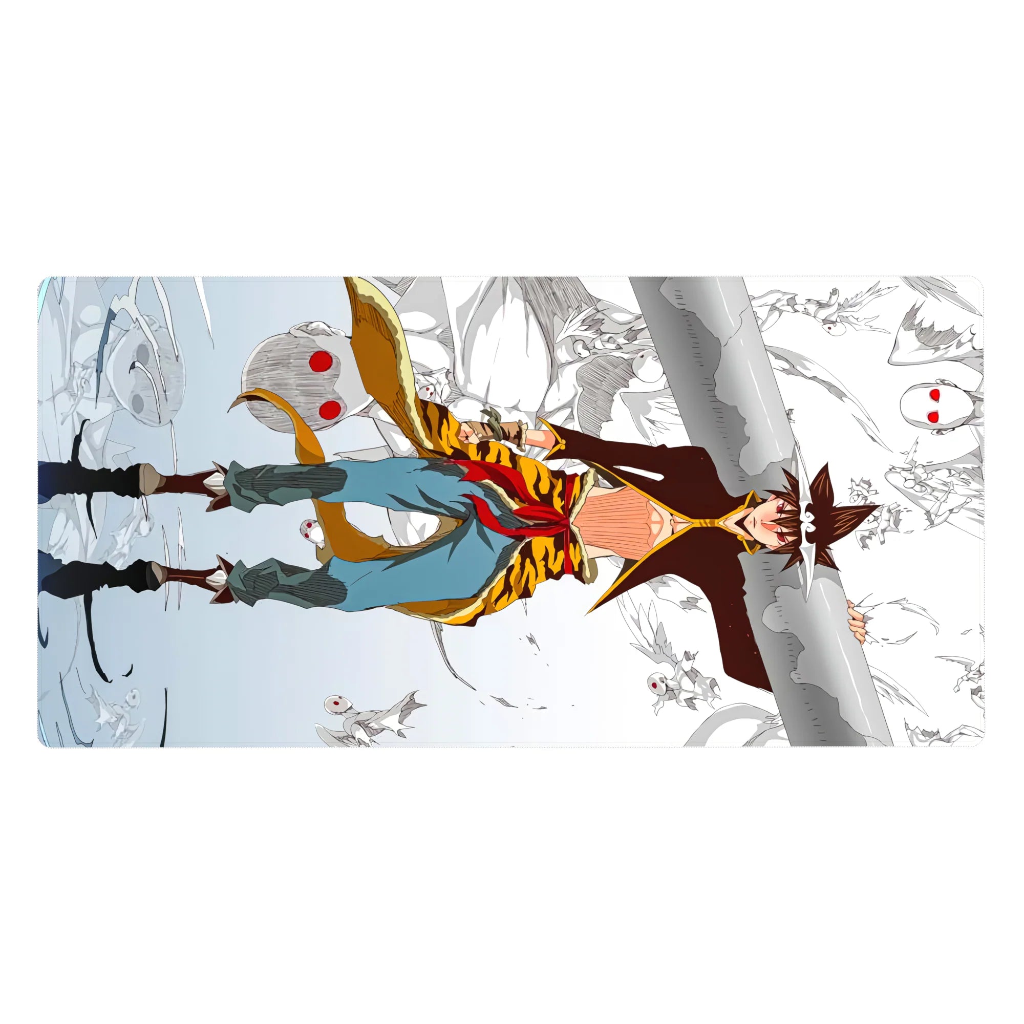 40x20 inches anime desk pad with sky-runner on snowy cliffs, tiger-gold coat, red mask spirits, clean lines.