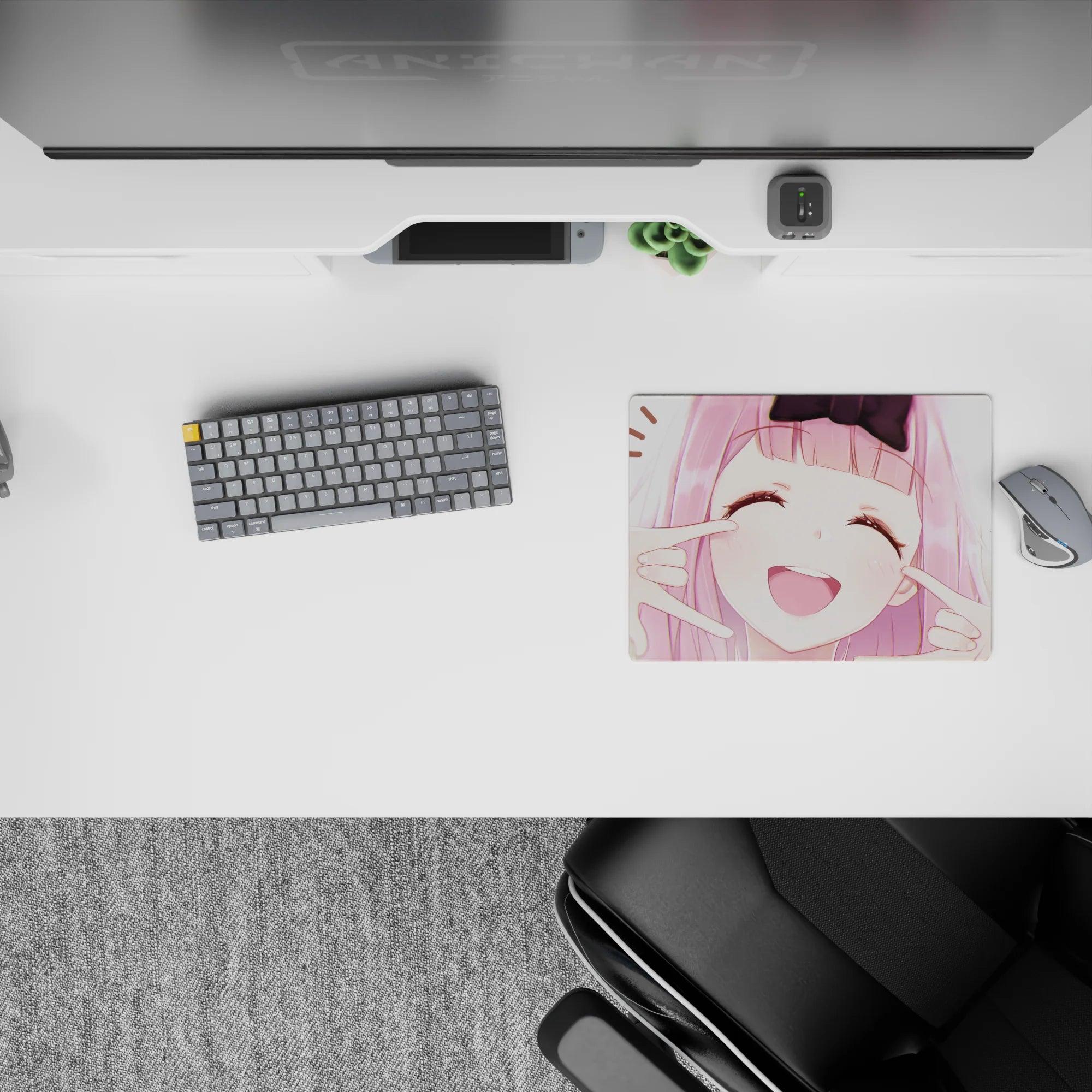 Pastel blush anime girl mouse pad 14x10 inches, warm creamy tones and cute flirty mood.
