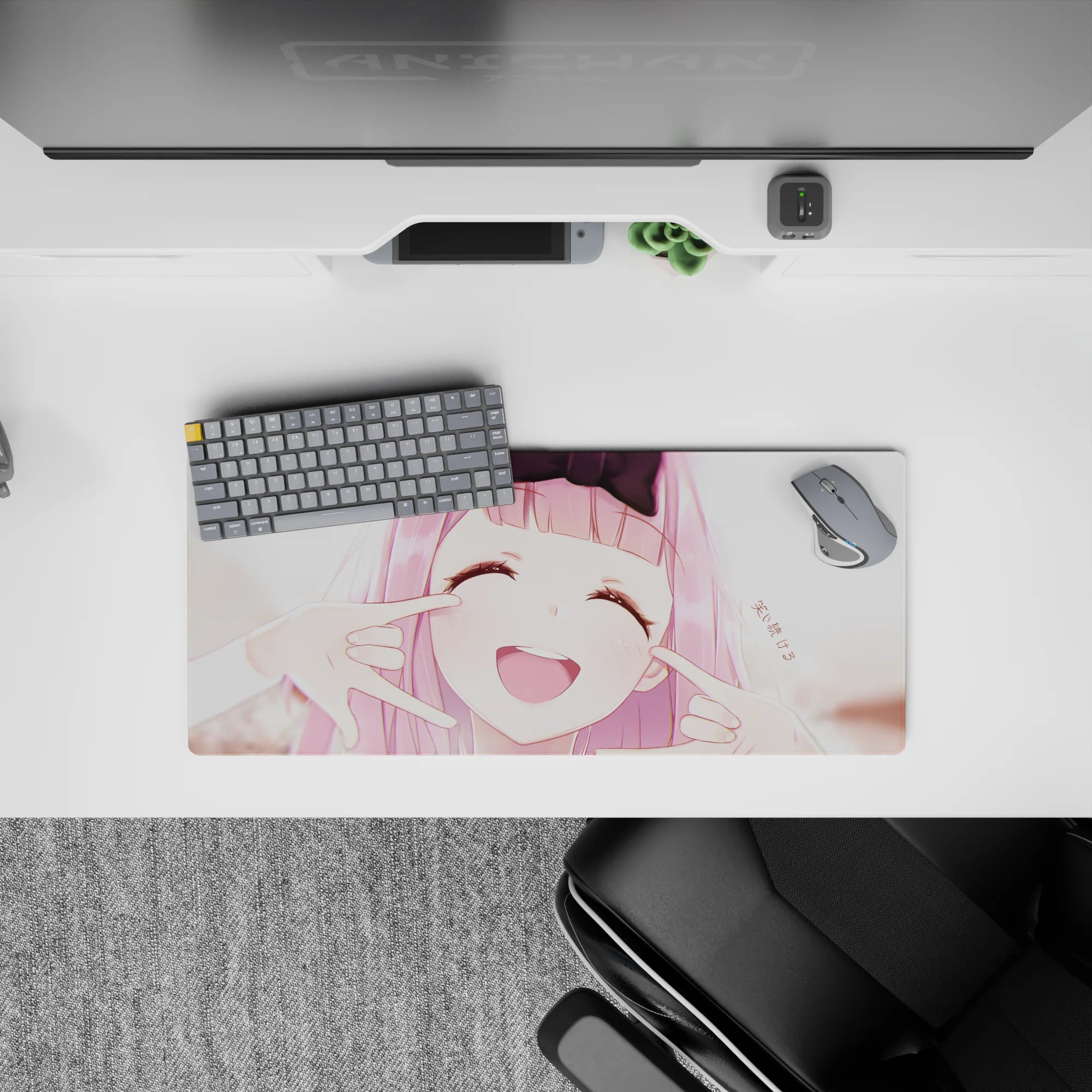 28x12 inches pink blush anime girl mouse pad, creamy highlights and cozy flirty mood for desk setup.