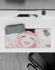 28x12 inches pink blush anime girl mouse pad, creamy highlights and cozy flirty mood for desk setup.
