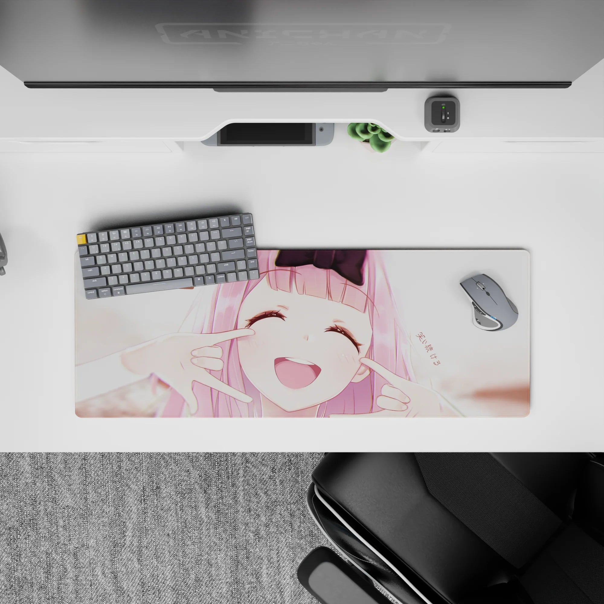 32x12 inches kawaii desk mouse pad in soft blush pinks and creamy highlights, warm flirty vibe.