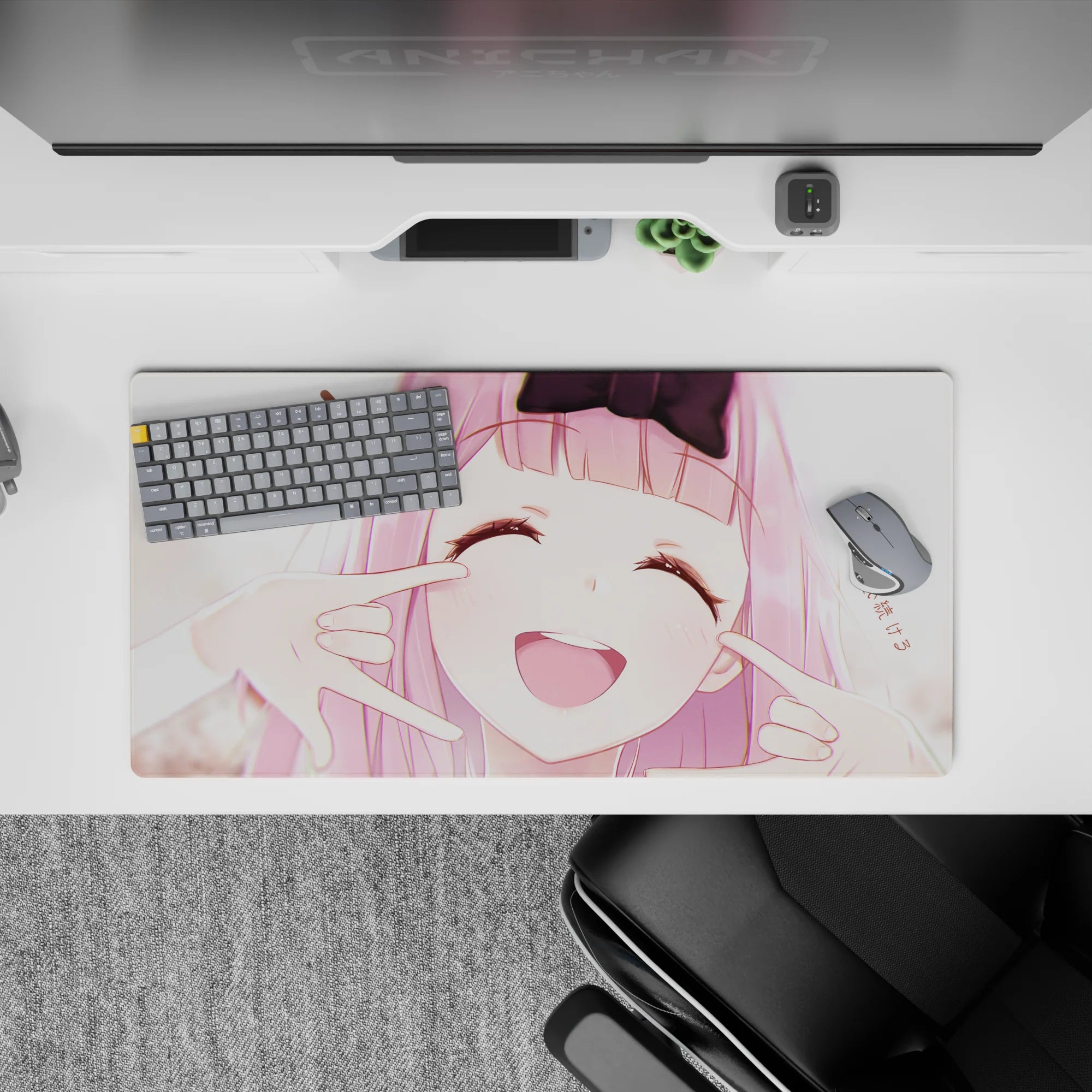 32x16 inches kawaii mouse pad in soft blush pinks and creamy highlights, sweet flirty desk vibe.