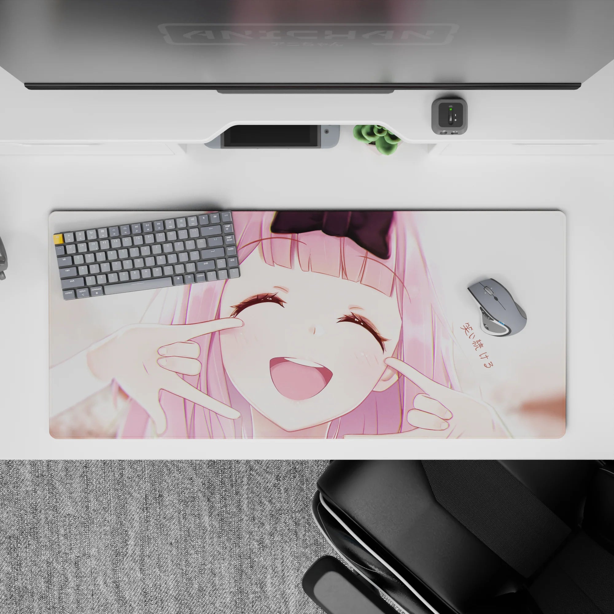 Pastel pink anime girl desk pad 36x16 inches, soft blush tones and creamy highlights for a sweet mood.