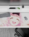 Pastel pink anime girl desk pad 36x16 inches, soft blush tones and creamy highlights for a sweet mood.
